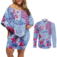 Hawaiian Tribal Manta Ray Couples Matching Off Shoulder Short Dress and Long Sleeve Button Shirt Kakau Tattoo and Flowers Surfing Waves Pattern Soft Color LT03 Multicolor - Polynesian Pride