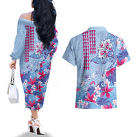 Hawaiian Tribal Manta Ray Couples Matching Off The Shoulder Long Sleeve Dress and Hawaiian Shirt Kakau Tattoo and Flowers Surfing Waves Pattern Soft Color LT03 - Polynesian Pride