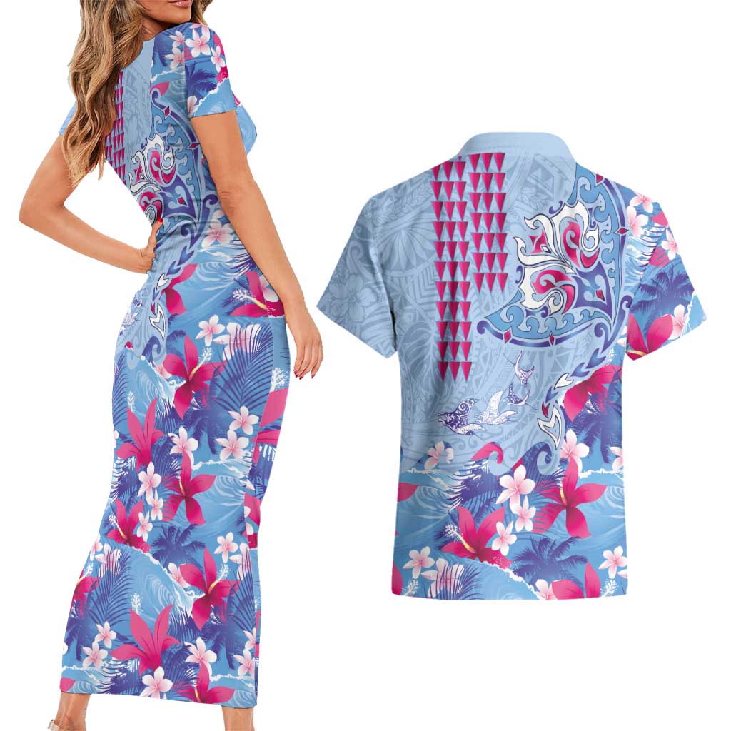 Hawaiian Tribal Manta Ray Couples Matching Short Sleeve Bodycon Dress and Hawaiian Shirt Kakau Tattoo and Flowers Surfing Waves Pattern Soft Color LT03 - Polynesian Pride