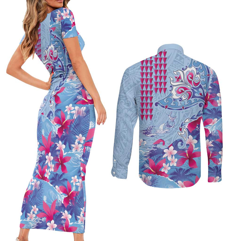 Hawaiian Tribal Manta Ray Couples Matching Short Sleeve Bodycon Dress and Long Sleeve Button Shirt Kakau Tattoo and Flowers Surfing Waves Pattern Soft Color LT03 - Polynesian Pride