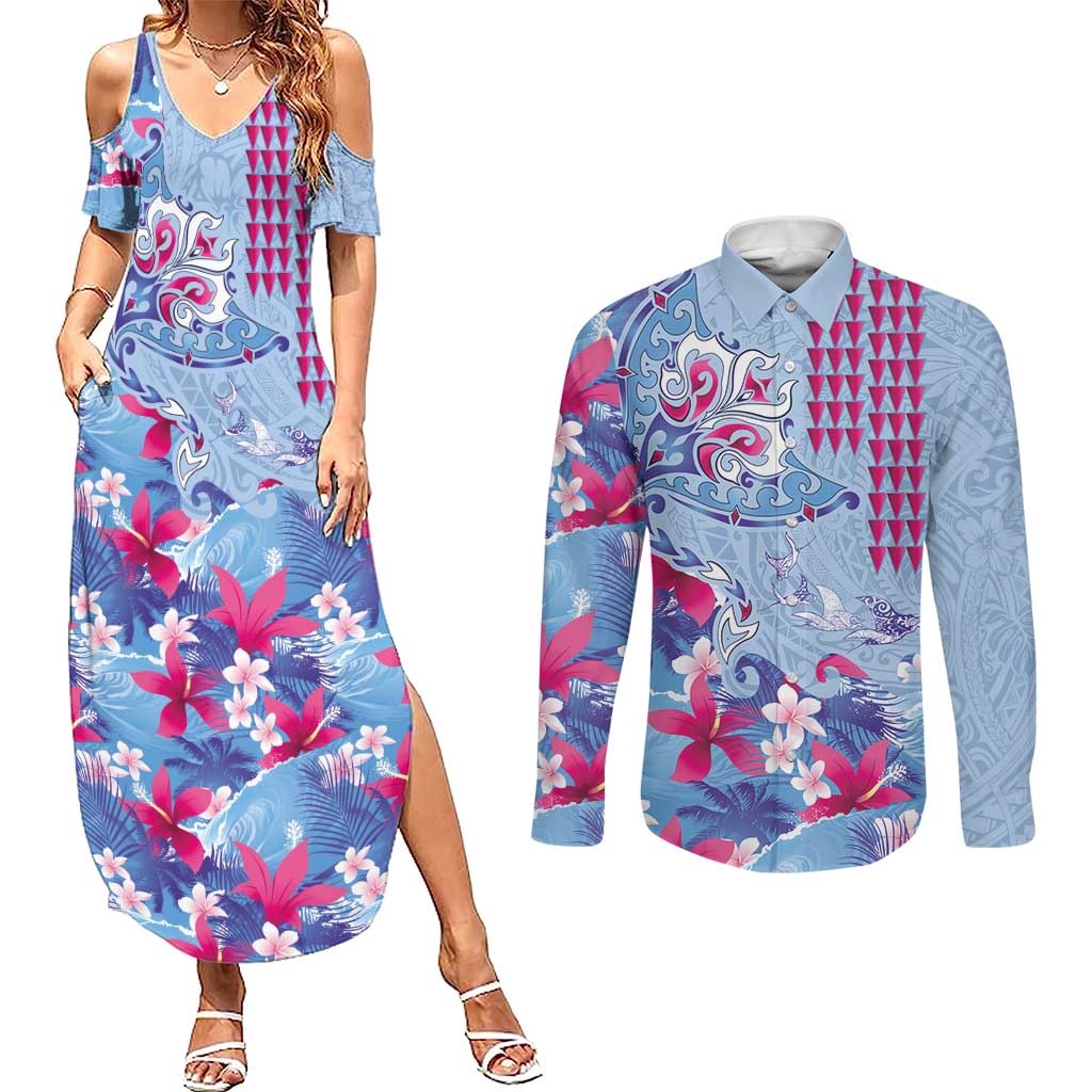 Hawaiian Tribal Manta Ray Couples Matching Summer Maxi Dress and Long Sleeve Button Shirt Kakau Tattoo and Flowers Surfing Waves Pattern Soft Color LT03 Multicolor - Polynesian Pride