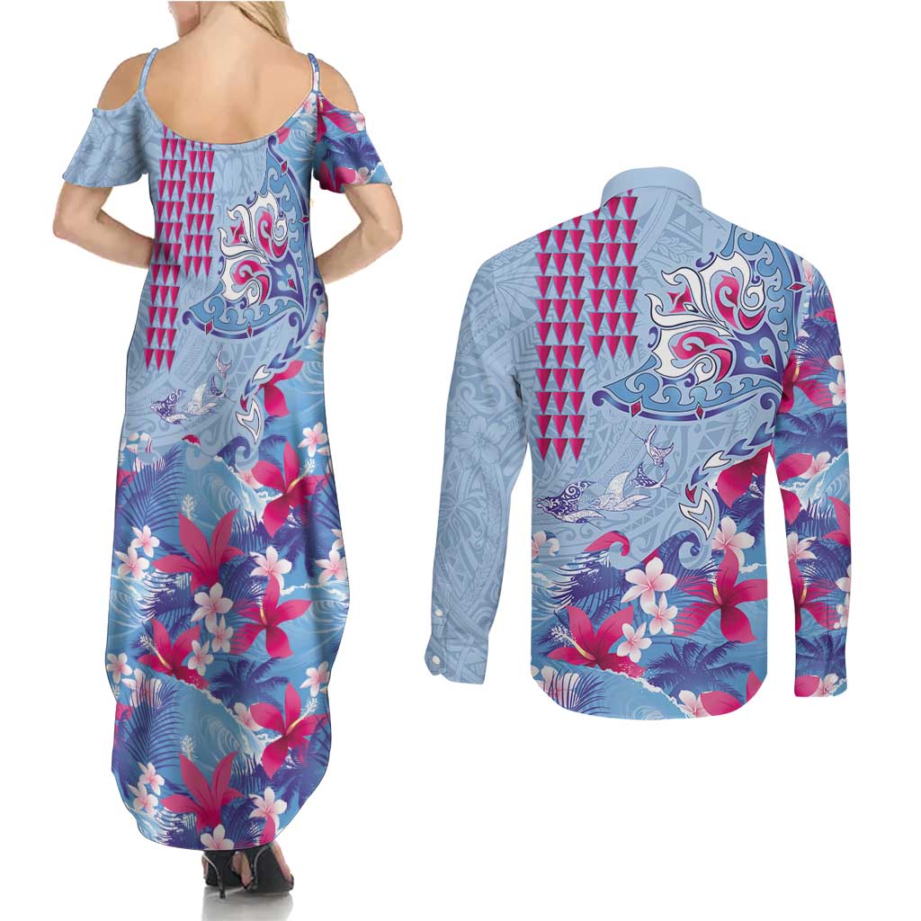 Hawaiian Tribal Manta Ray Couples Matching Summer Maxi Dress and Long Sleeve Button Shirt Kakau Tattoo and Flowers Surfing Waves Pattern Soft Color LT03 - Polynesian Pride