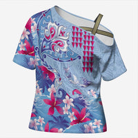 Hawaiian Tribal Manta Ray Cross Shoulder Shirt Kakau Tattoo and Flowers Surfing Waves Pattern Soft Color