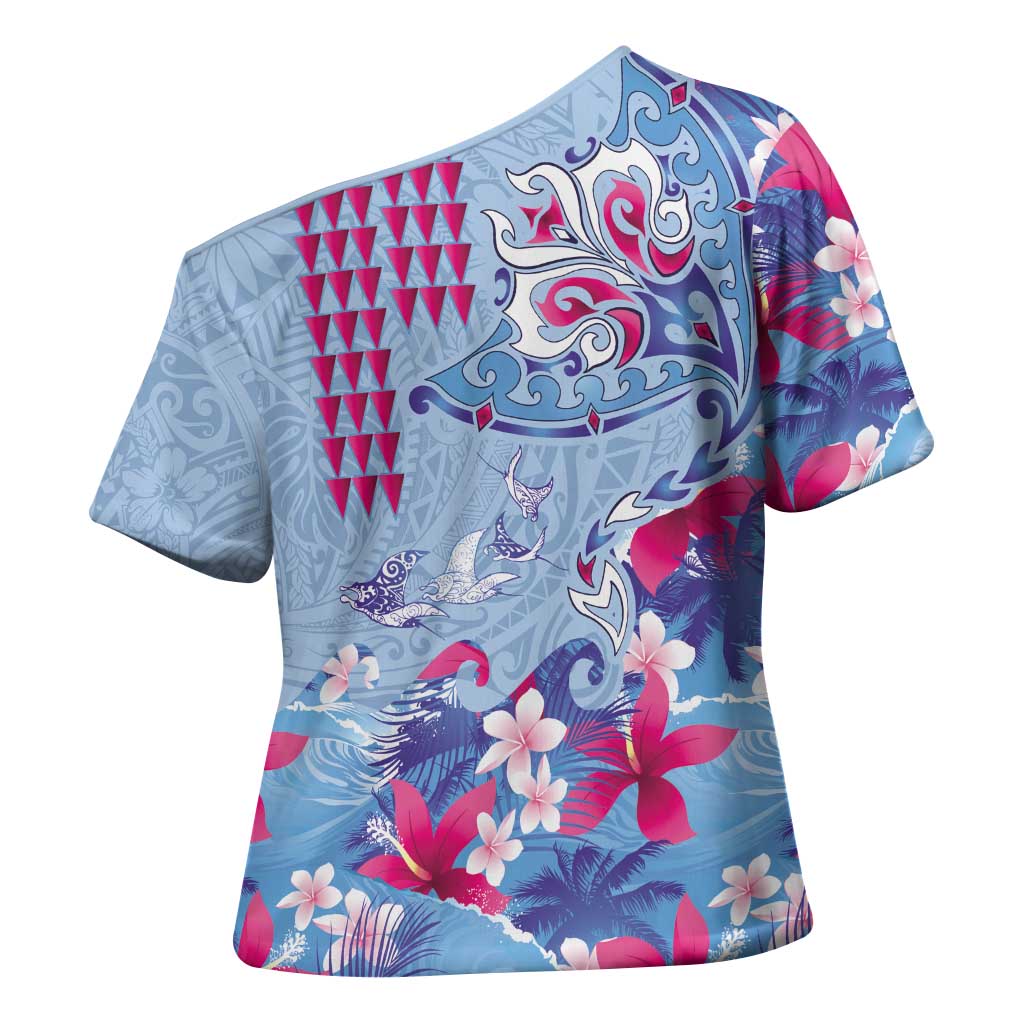 Hawaiian Tribal Manta Ray Cross Shoulder Shirt Kakau Tattoo and Flowers Surfing Waves Pattern Soft Color