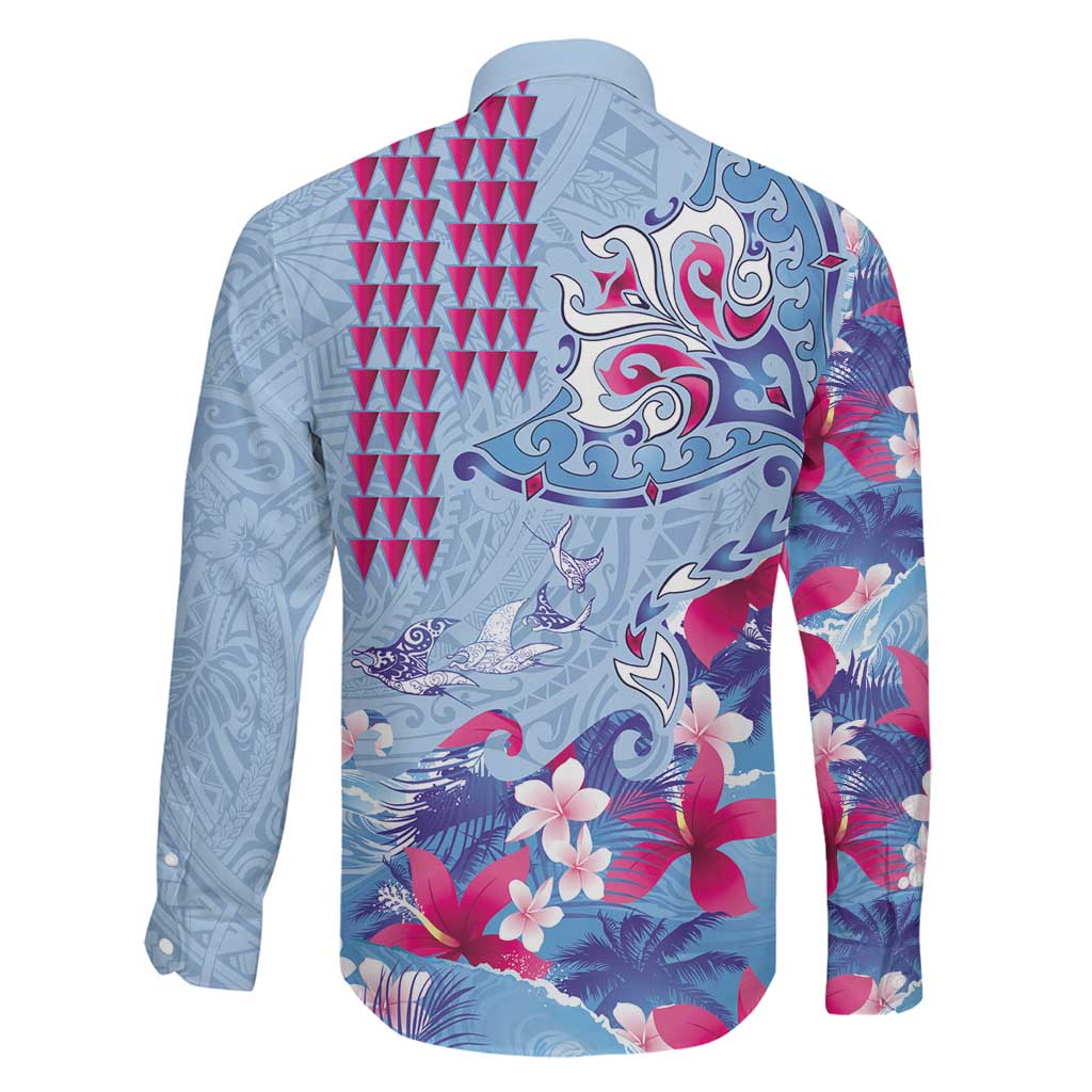 Hawaiian Tribal Manta Ray Family Matching Off Shoulder Maxi Dress and Hawaiian Shirt Kakau Tattoo and Flowers Surfing Waves Pattern Soft Color LT03 - Polynesian Pride