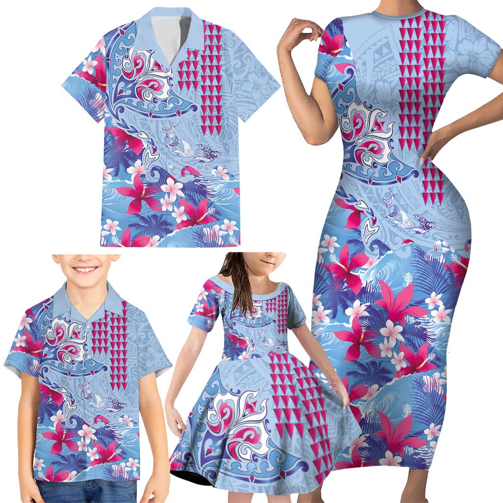 Hawaiian Tribal Manta Ray Family Matching Short Sleeve Bodycon Dress and Hawaiian Shirt Kakau Tattoo and Flowers Surfing Waves Pattern Soft Color LT03 - Polynesian Pride