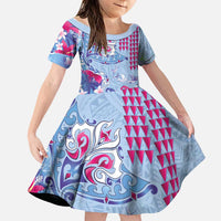 Hawaiian Tribal Manta Ray Family Matching Summer Maxi Dress and Hawaiian Shirt Kakau Tattoo and Flowers Surfing Waves Pattern Soft Color LT03 Daughter's Dress Multicolor - Polynesian Pride