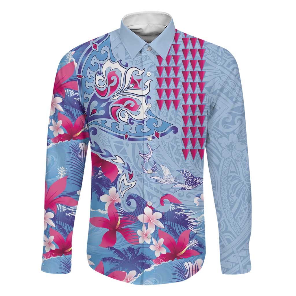 Hawaiian Tribal Manta Ray Family Matching Summer Maxi Dress and Hawaiian Shirt Kakau Tattoo and Flowers Surfing Waves Pattern Soft Color LT03 Dad's Shirt - Long Sleeve Multicolor - Polynesian Pride