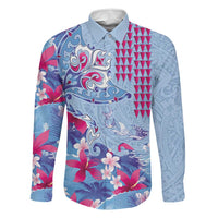 Hawaiian Tribal Manta Ray Family Matching Summer Maxi Dress and Hawaiian Shirt Kakau Tattoo and Flowers Surfing Waves Pattern Soft Color LT03 Dad's Shirt - Long Sleeve Multicolor - Polynesian Pride