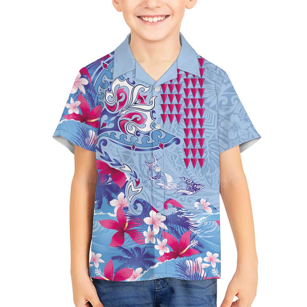 Hawaiian Tribal Manta Ray Family Matching Summer Maxi Dress and Hawaiian Shirt Kakau Tattoo and Flowers Surfing Waves Pattern Soft Color LT03 Son's Shirt Multicolor - Polynesian Pride
