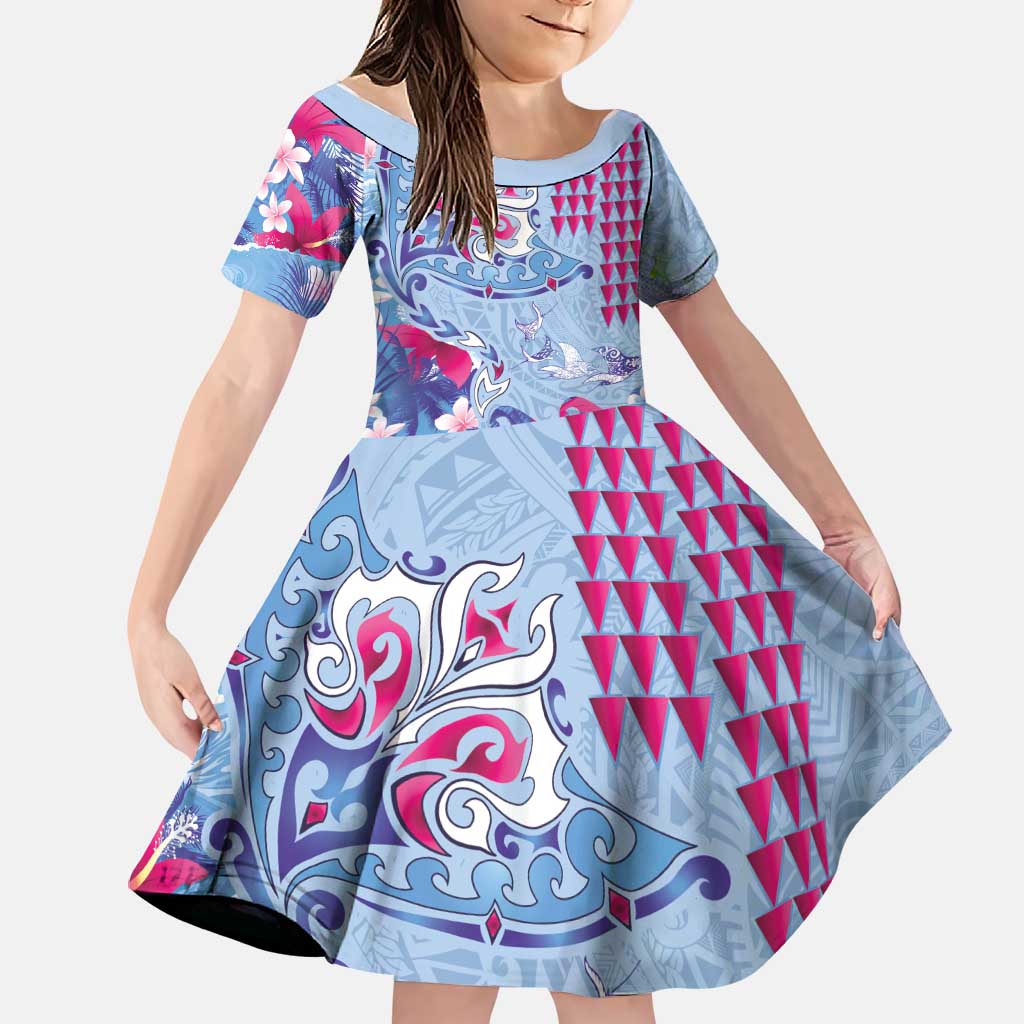 Hawaiian Tribal Manta Ray Family Matching Tank Maxi Dress and Hawaiian Shirt Kakau Tattoo and Flowers Surfing Waves Pattern Soft Color LT03 Daughter's Dress Multicolor - Polynesian Pride