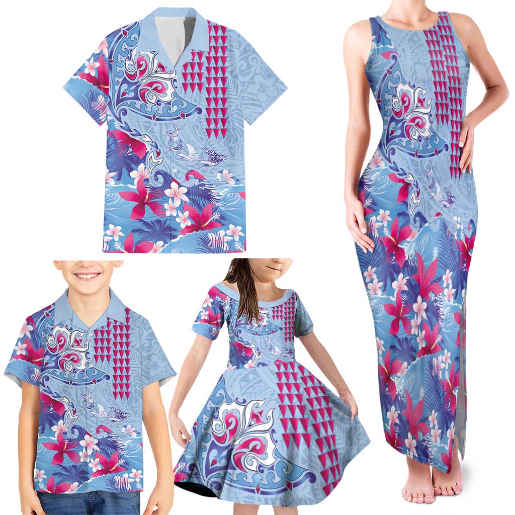 Hawaiian Tribal Manta Ray Family Matching Tank Maxi Dress and Hawaiian Shirt Kakau Tattoo and Flowers Surfing Waves Pattern Soft Color