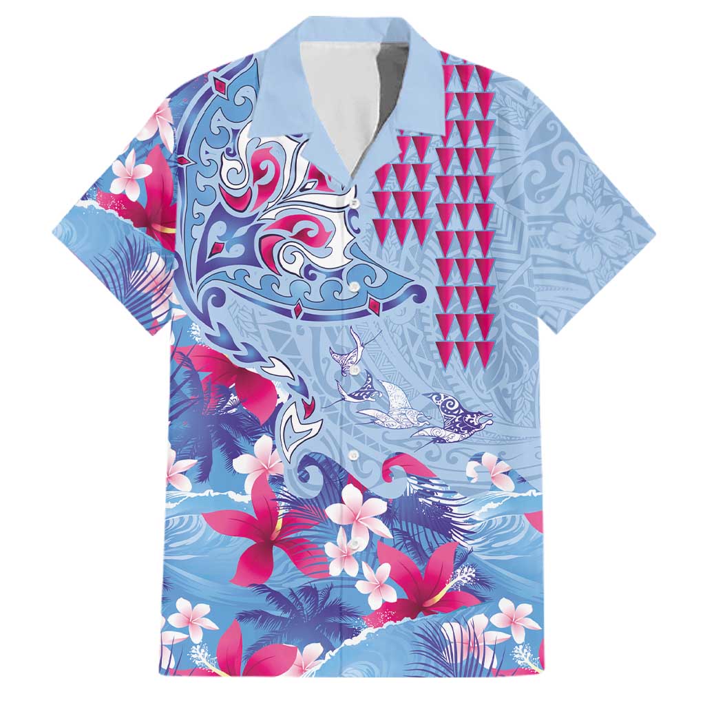 Hawaiian Tribal Manta Ray Family Matching Tank Maxi Dress and Hawaiian Shirt Kakau Tattoo and Flowers Surfing Waves Pattern Soft Color LT03 Dad's Shirt - Short Sleeve Multicolor - Polynesian Pride