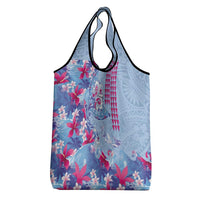 Hawaiian Tribal Manta Ray Grocery Bag Kakau Tattoo and Flowers Surfing Waves Pattern Soft Color