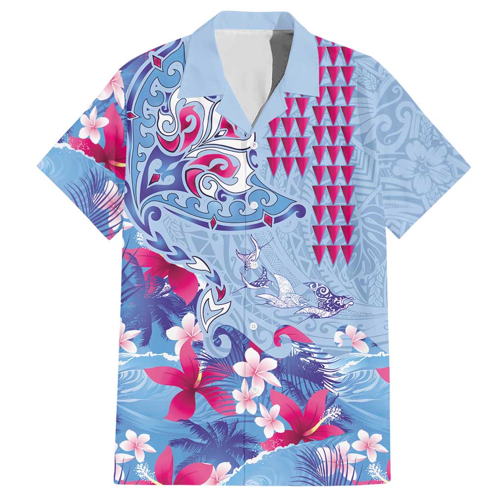 Hawaiian Tribal Manta Ray Hawaiian Shirt Kakau Tattoo and Flowers Surfing Waves Pattern Soft Color