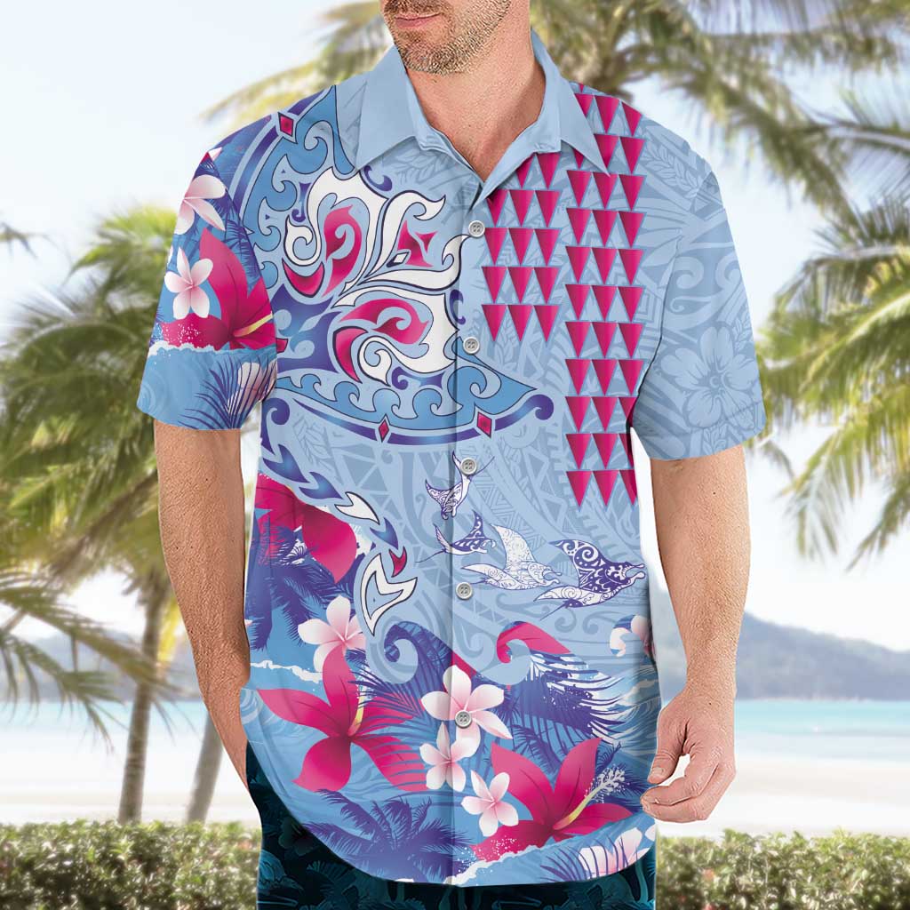 Hawaiian Tribal Manta Ray Hawaiian Shirt Kakau Tattoo and Flowers Surfing Waves Pattern Soft Color