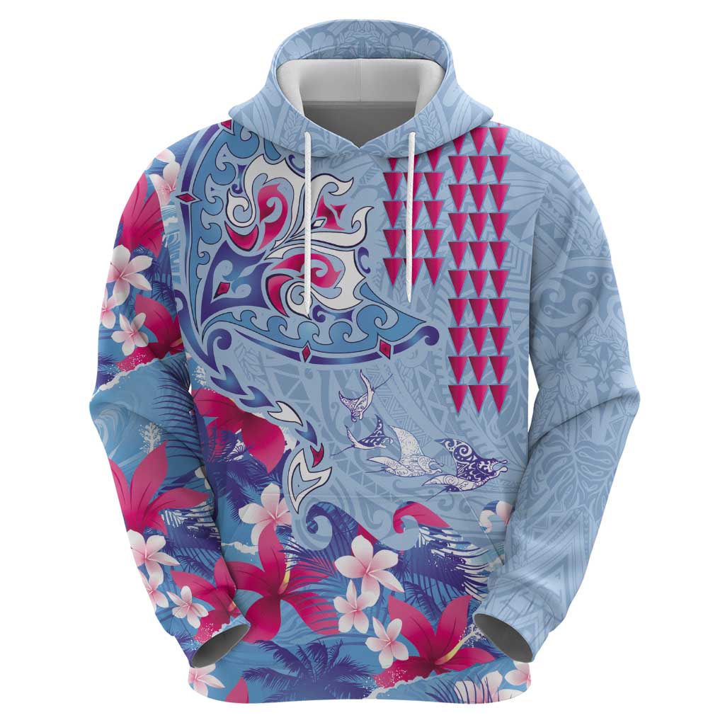 Hawaiian Tribal Manta Ray Hoodie Kakau Tattoo and Flowers Surfing Waves Pattern Soft Color