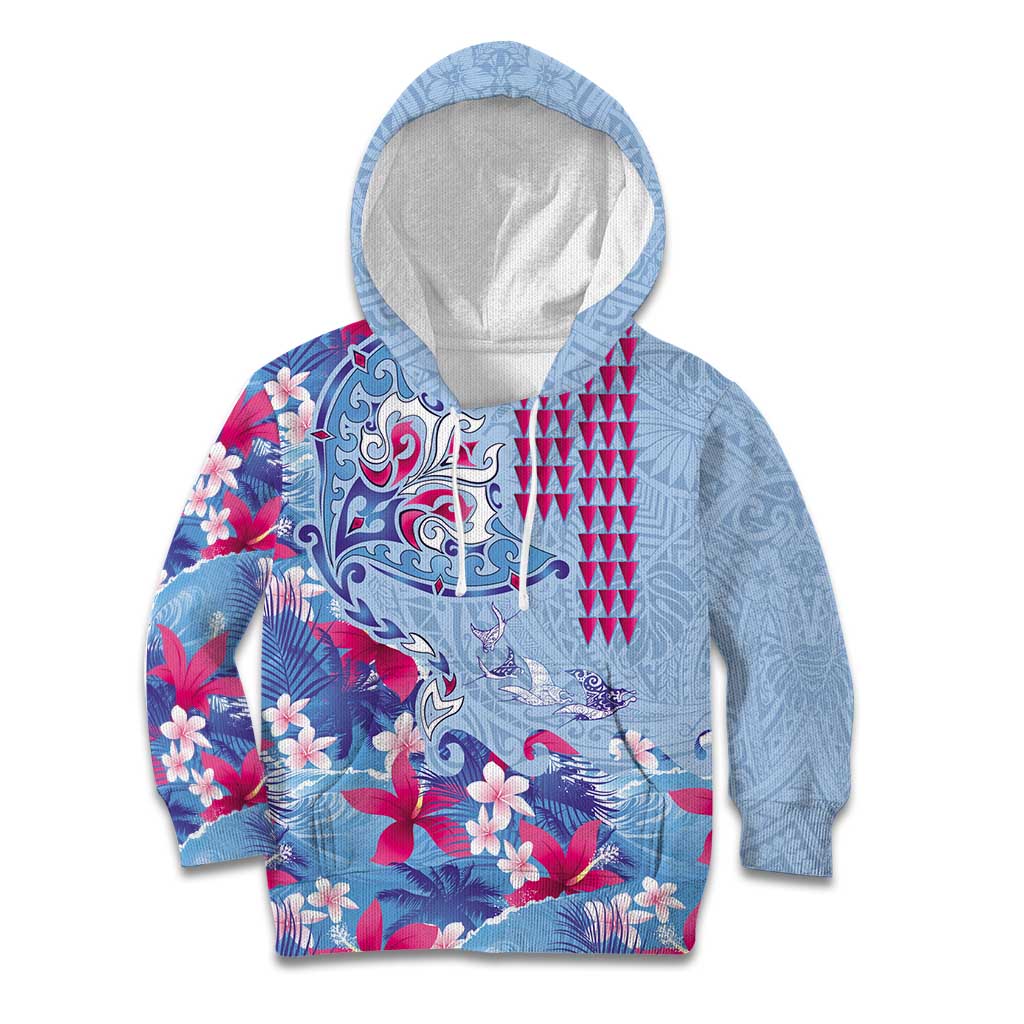 Hawaiian Tribal Manta Ray Kid Hoodie Kakau Tattoo and Flowers Surfing Waves Pattern Soft Color