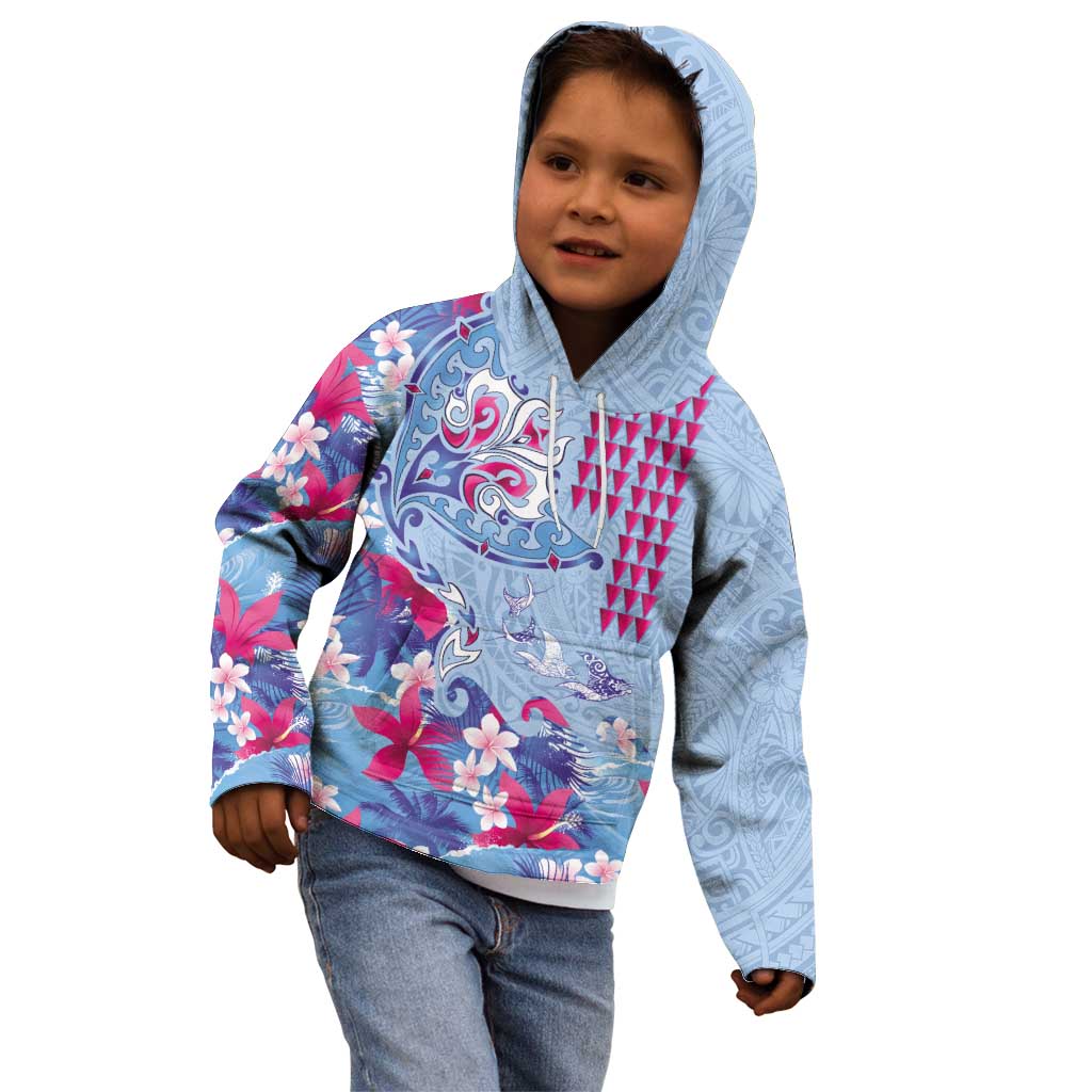 Hawaiian Tribal Manta Ray Kid Hoodie Kakau Tattoo and Flowers Surfing Waves Pattern Soft Color
