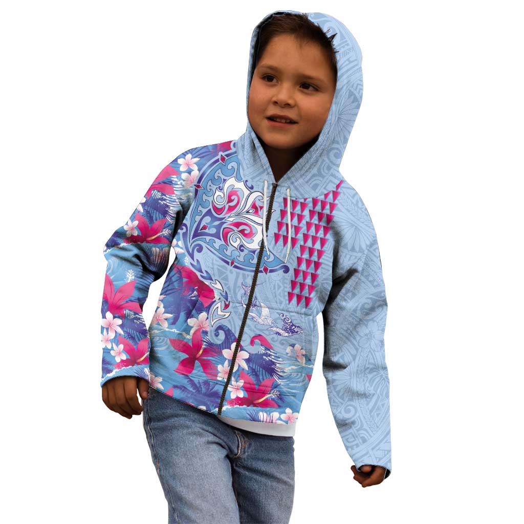 Hawaiian Tribal Manta Ray Kid Hoodie Kakau Tattoo and Flowers Surfing Waves Pattern Soft Color