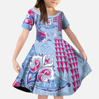 Hawaiian Tribal Manta Ray Kid Short Sleeve Dress Kakau Tattoo and Flowers Surfing Waves Pattern Soft Color