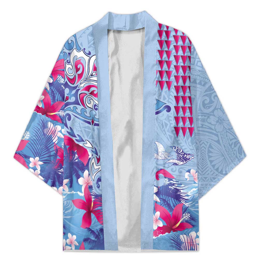 Hawaiian Tribal Manta Ray Kimono Kakau Tattoo and Flowers Surfing Waves Pattern Soft Color