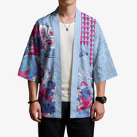Hawaiian Tribal Manta Ray Kimono Kakau Tattoo and Flowers Surfing Waves Pattern Soft Color
