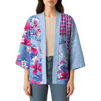 Hawaiian Tribal Manta Ray Kimono Kakau Tattoo and Flowers Surfing Waves Pattern Soft Color