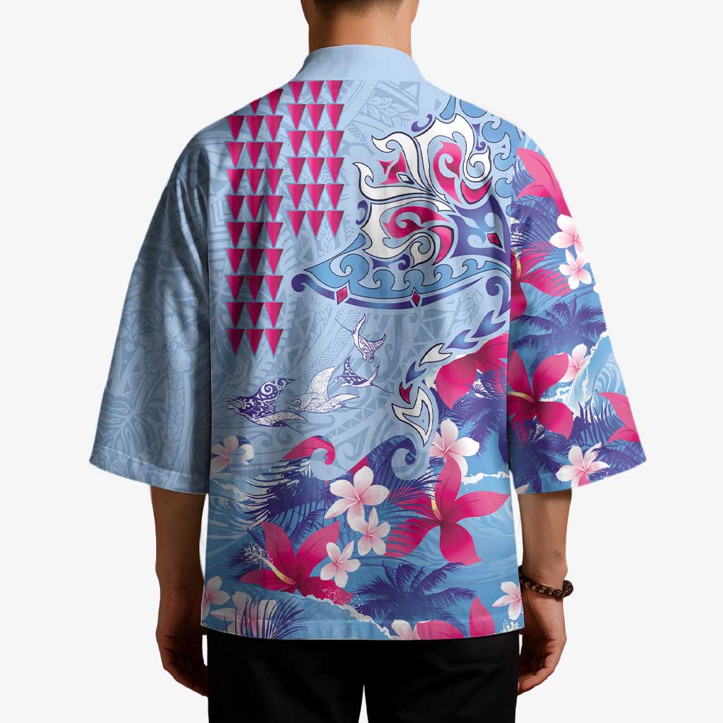 Hawaiian Tribal Manta Ray Kimono Kakau Tattoo and Flowers Surfing Waves Pattern Soft Color