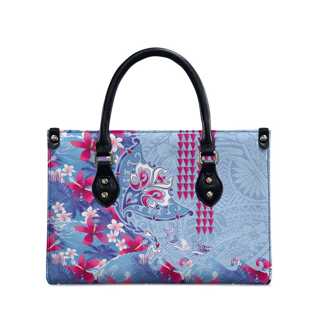 Hawaiian Tribal Manta Ray Leather Bag Kakau Tattoo and Flowers Surfing Waves Pattern Soft Color