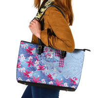 Hawaiian Tribal Manta Ray Leather Tote Bag Kakau Tattoo and Flowers Surfing Waves Pattern Soft Color