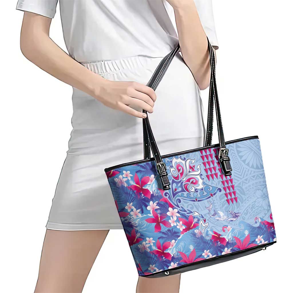 Hawaiian Tribal Manta Ray Leather Tote Bag Kakau Tattoo and Flowers Surfing Waves Pattern Soft Color
