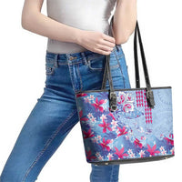 Hawaiian Tribal Manta Ray Leather Tote Bag Kakau Tattoo and Flowers Surfing Waves Pattern Soft Color