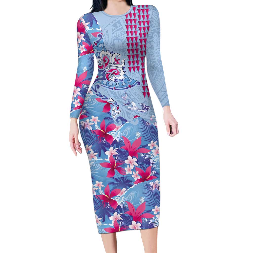 Hawaiian Tribal Manta Ray Long Sleeve Bodycon Dress Kakau Tattoo and Flowers Surfing Waves Pattern Soft Color