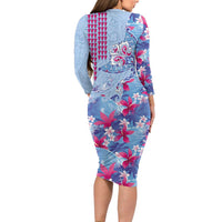 Hawaiian Tribal Manta Ray Long Sleeve Bodycon Dress Kakau Tattoo and Flowers Surfing Waves Pattern Soft Color LT03 - Polynesian Pride