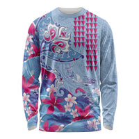 Hawaiian Tribal Manta Ray Long Sleeve Shirt Kakau Tattoo and Flowers Surfing Waves Pattern Soft Color