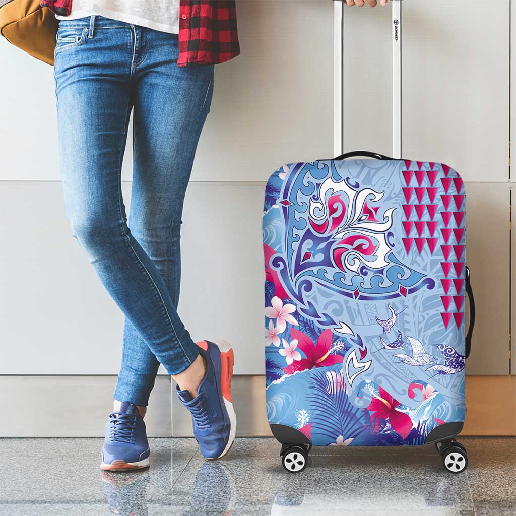 Hawaiian Tribal Manta Ray Luggage Cover Kakau Tattoo and Flowers Surfing Waves Pattern Soft Color