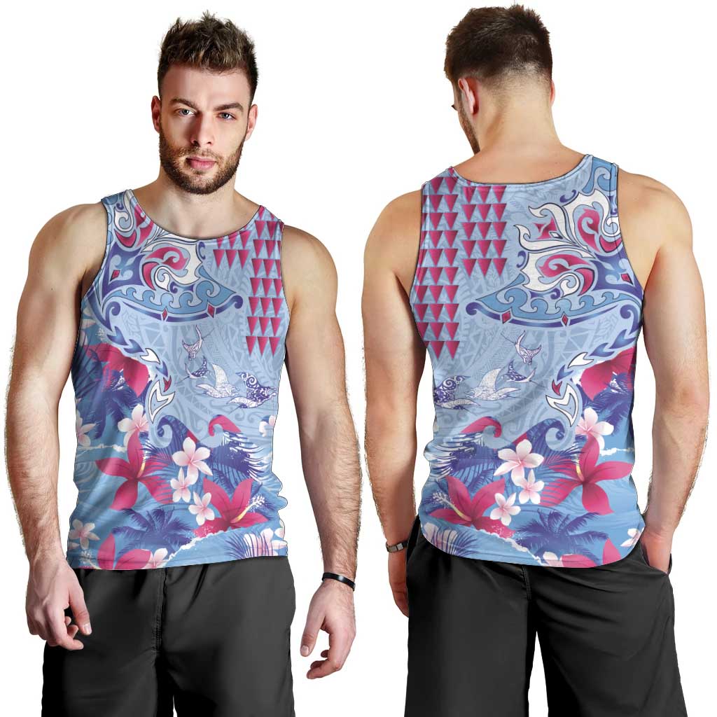 Hawaiian Tribal Manta Ray Men Tank Top Kakau Tattoo and Flowers Surfing Waves Pattern Soft Color
