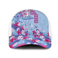Hawaiian Tribal Manta Ray Mesh Trucker Cap Kakau Tattoo and Flowers Surfing Waves Pattern Soft Color