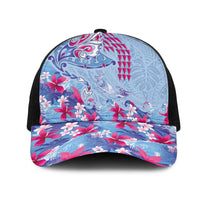 Hawaiian Tribal Manta Ray Mesh Trucker Cap Kakau Tattoo and Flowers Surfing Waves Pattern Soft Color