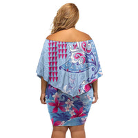Hawaiian Tribal Manta Ray Off Shoulder Short Dress Kakau Tattoo and Flowers Surfing Waves Pattern Soft Color