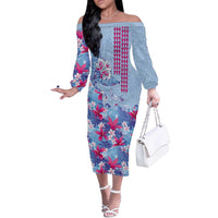 Hawaiian Tribal Manta Ray Off The Shoulder Long Sleeve Dress Kakau Tattoo and Flowers Surfing Waves Pattern Soft Color LT03 Women Multicolor - Polynesian Pride