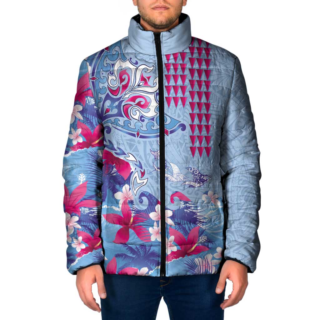 Hawaiian Tribal Manta Ray Padded Jacket Kakau Tattoo and Flowers Surfing Waves Pattern Soft Color
