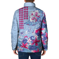 Hawaiian Tribal Manta Ray Padded Jacket Kakau Tattoo and Flowers Surfing Waves Pattern Soft Color