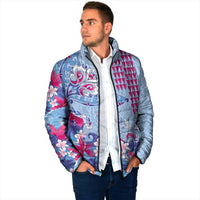 Hawaiian Tribal Manta Ray Padded Jacket Kakau Tattoo and Flowers Surfing Waves Pattern Soft Color