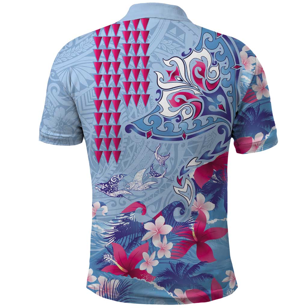 Hawaiian Tribal Manta Ray Polo Shirt Kakau Tattoo and Flowers Surfing Waves Pattern Soft Color