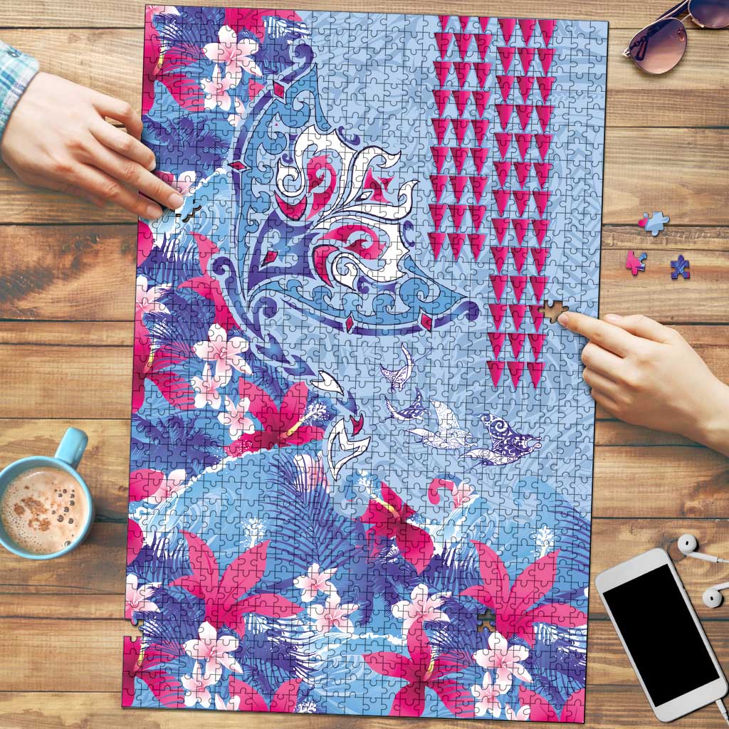 Hawaiian Tribal Manta Ray Puzzle Kakau Tattoo and Flowers Surfing Waves Pattern Soft Color