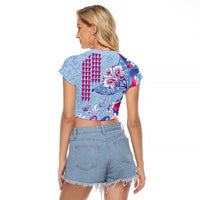 Hawaiian Tribal Manta Ray Raglan Cropped T Shirt Kakau Tattoo and Flowers Surfing Waves Pattern Soft Color