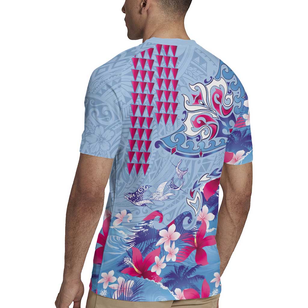 Hawaiian Tribal Manta Ray Rugby Jersey Kakau Tattoo and Flowers Surfing Waves Pattern Soft Color