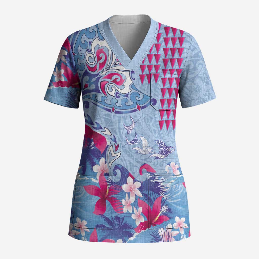 Hawaiian Tribal Manta Ray Scrub Top Kakau Tattoo and Flowers Surfing Waves Pattern Soft Color